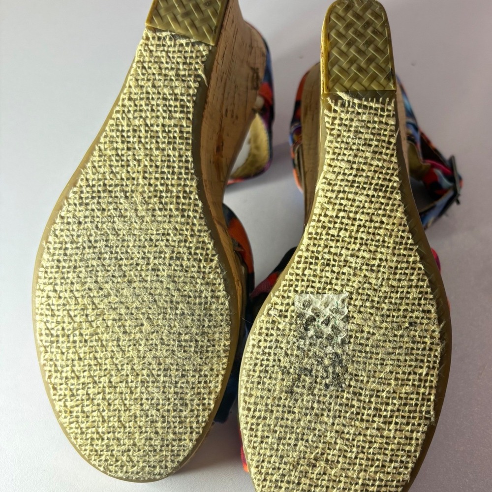 TOMS Size 6 Floral Canvas Cork Wedge Sandal Boho Summer Colorful Strappy Heel - Picture 5 of 13